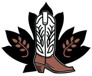A stylized graphic of a single cowboy boot centered on a black maple leaf with brown leaf details, plus faint text reading CANADIAN COUNTRY EXPO at the bottom.