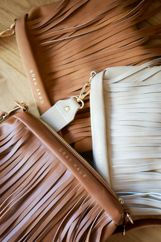 Tennessee crossbody bag Canyon Nubuck vegan leather fringe detail and gold zipper | Gray Haus